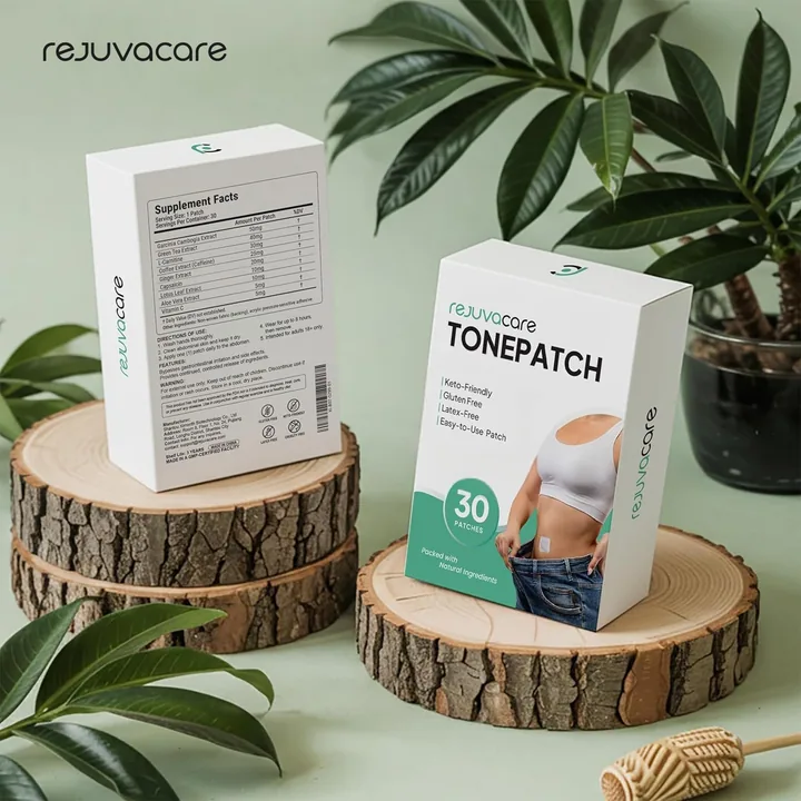 RejuvaCare TonePatch box of 30 patches on a wooden stand among green leaves